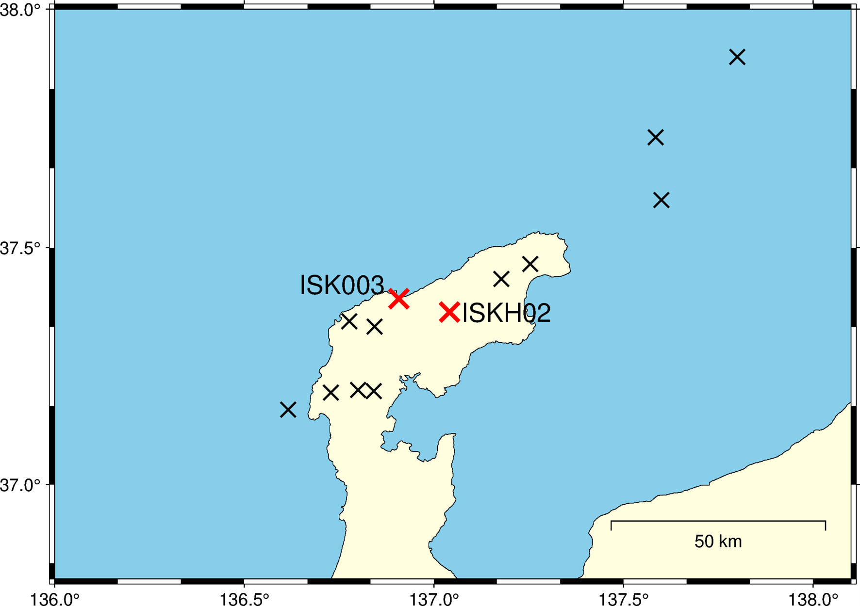 図-1対象地点と補正に使用した地震位置