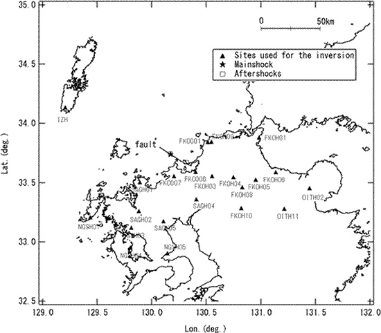 図-1　インバージョンで仮定した断層面と観測点の位置