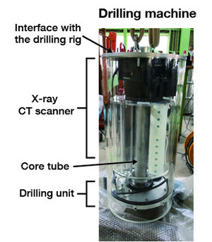 Drilling machine with built-in-X-ray CT scanner and drilling experiment/ CT image captured under   ground after drilling:image1